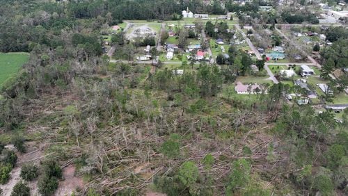 Aerial photo show fallen trees caused by Hurricane Helene in Alapaha, Tuesday, Oct,1, 2024. While Valdosta and Augusta are two epicenters of Helene's damage, some of the most serious fallout took place in far smaller towns and settlements.(Hyosub Shin / AJC)