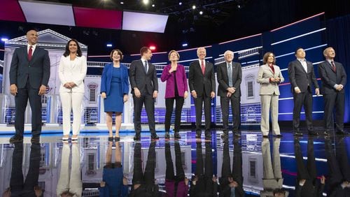 The 10 Democratic presidential candidates took the stage ahead of Wednesday night’s debate inside the Oprah Winfrey Soundstage at Tyler Perry Studios in southwest Atlanta. (Alyssa Pointer/Atlanta Journal Constitution)