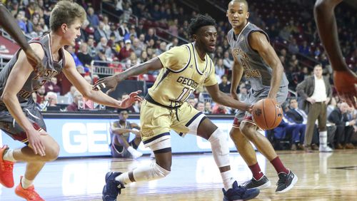 Georgia Tech Yellow Jackets guard Bubba Parham (11) drives through traffic for two points against Boston College Eagles Jan. 11, 2020, at Conte Forum in Chestnut Hill, Mass. (Photo by Mark Box/Icon Sportswire)