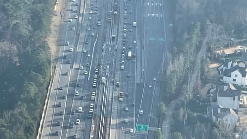 MARTA Red Line track replacement caused the left lane to be blocked on GA-400 in each direction near Lenox Road from Feb. 17th-26th, 2023. Credit: Doug Turnbull/WSB Skycopter