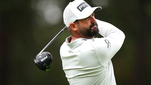 England's Matthew Baldwin tees off the 8th during day two of the 2024 BMW PGA Championship at Wentworth Golf Club in Virginia Water, England, Friday, Sept. 20, 2024. (Zac Goodwin/PA via AP)