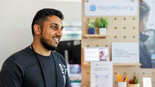 Tarjimly co-founder Atif Javed presents his app at the Google Impact Summit on Wednesday, Sept. 4, 2024, in Sunnyvale, Calif. (AP Photo/Juliana Yamada)