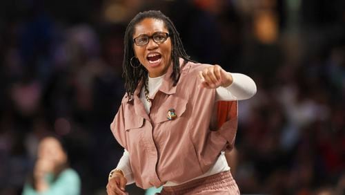 Atlanta Dream head coach Tanisha Wright calls to the bench during the first half against the New York Liberty at the Gateway Center Arena, Thursday, June 6, 2024, in Atlanta. (Jason Getz / AJC)
