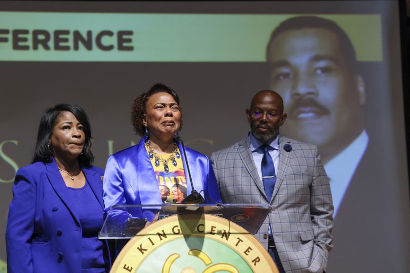 Bernice King, center, gets emotional as she speaks during a press conference on the passing of her brother, Dexter Scott King, son of Dr. Martin Luther King, Jr. at the Yolanda D. King Theatre for the Performing Arts, Tuesday, January 23, 2024. Also pictured is Angela Farris Watkins, left, and King Estate General Council Eric Tidwell. (Jason Getz/jason.getz@ajc.com)