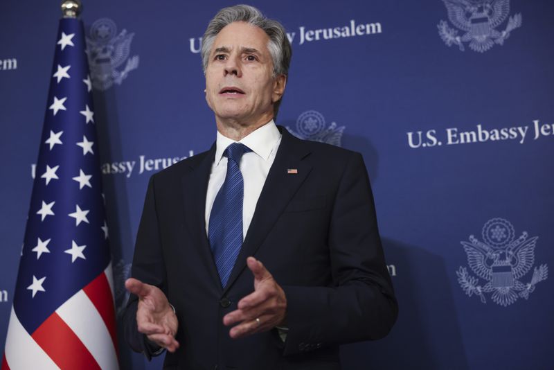 U.S. Secretary of State Antony Blinken speaks to media at the David Kempinski Hotel in Tel Aviv, Israel, Monday, Aug. 19, 2024. (Kevin Mohatt/Pool Photo via AP)