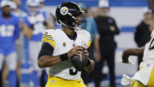 Pittsburgh Steelers quarterback Russell Wilson looks downfield during the first half of an NFL preseason football game against the Detroit Lions, Saturday, Aug. 24, 2024, in Detroit. (AP Photo/Duane Burleson)