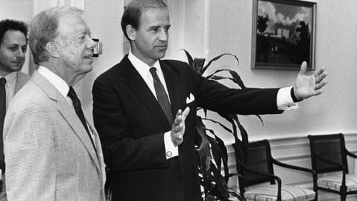 Former President Jimmy Carter with then-Sen. Joe Biden in June 1987 at the Carter Center in Atlanta. (Steve Deal/The Atlanta Journal-Constitution)