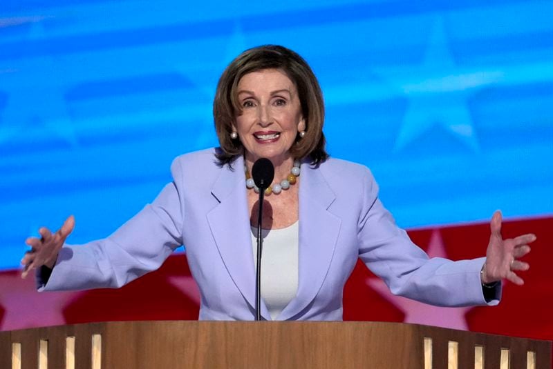 Rep. Nancy Pelosi, D-Calif., speaks during the Democratic National Convention Wednesday, Aug. 21, 2024, in Chicago. (AP Photo/J. Scott Applewhite)