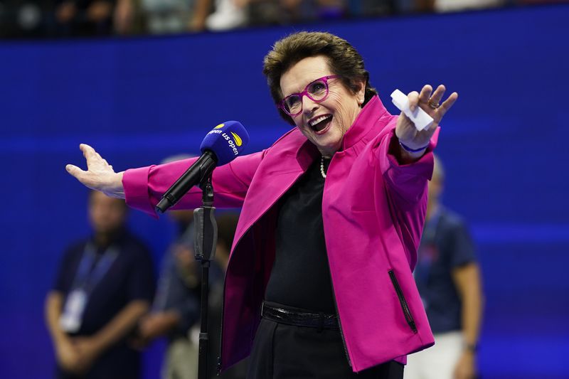 FILE - Billie Jean King speaks after Serena Williams defeated Danka Kovinic during the first round of the U.S. Open tennis championships, Monday, Aug. 29, 2022, in New York. (AP Photo/John Minchillo, File)