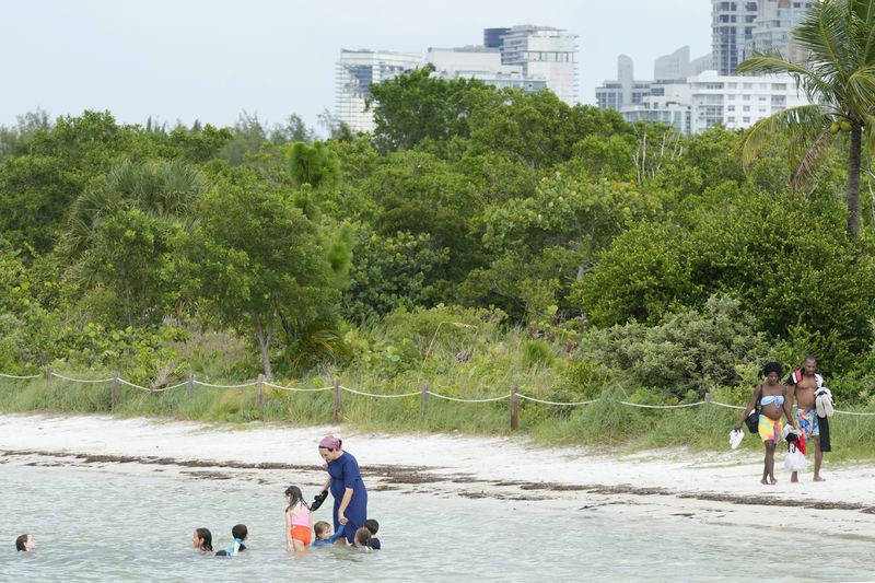 Families enjoy the beach at Oleta River State Park, Thursday, Aug. 22, 2024, in North Miami Beach, Fla. The park is Florida's urban park. A proposal by the Florida's Department of Environmental Protection to build new sports facilities, hotels, and glamping sites at eight state parks across the state has drawn a wave of opposition, not just from nature lovers and birdwatchers but also from members of Governor Ron DeSantis' Cabinet. (AP Photo/Marta Lavandier)