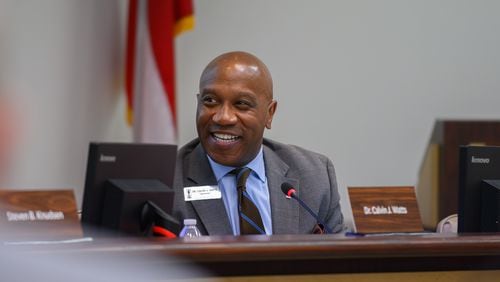 Gwinnett County Public Schools Superintendent Calvin J Watts speaks at a school board work session in Suwanee on Thursday, Feb. 8, 2024.