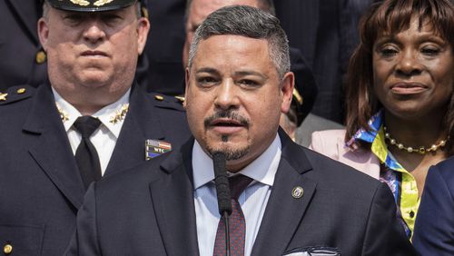 FILE — Edward A. Caban speaks after being sworn in as NYPD police commissioner outside New York City Police Department 40th Precinct, July 17, 2023, in New York. (AP Photo/Jeenah Moon, File)