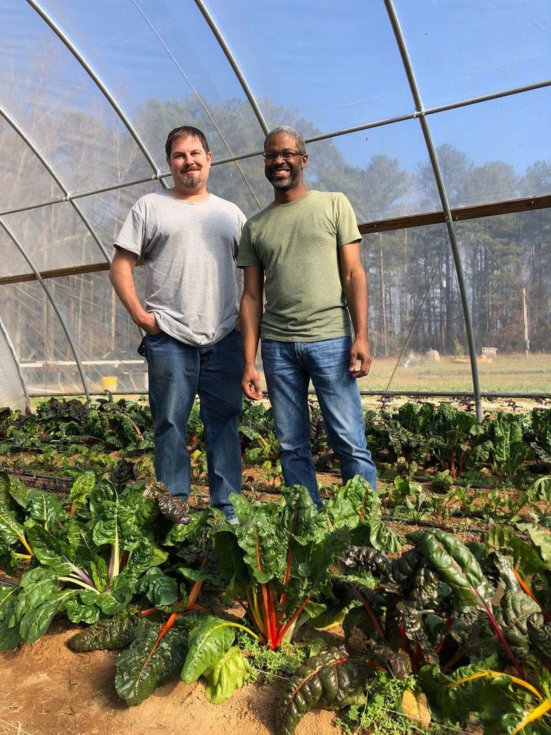 Jeff Anthony and Rodney Gabriel are the farmers of Pinewood Springs Farm in Stockbridge, offering online sales of a la carte produce, eggs and jam. (Courtesy of Audrey Lecordier)