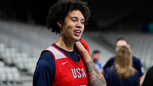 Brittney Griner speaks as the United States women's team practiced before the start of the 2024 Summer Olympics, Thursday, July 25, 2024 in Villeneuve-d'Ascq, France. (AP Photo/Michael Conroy)