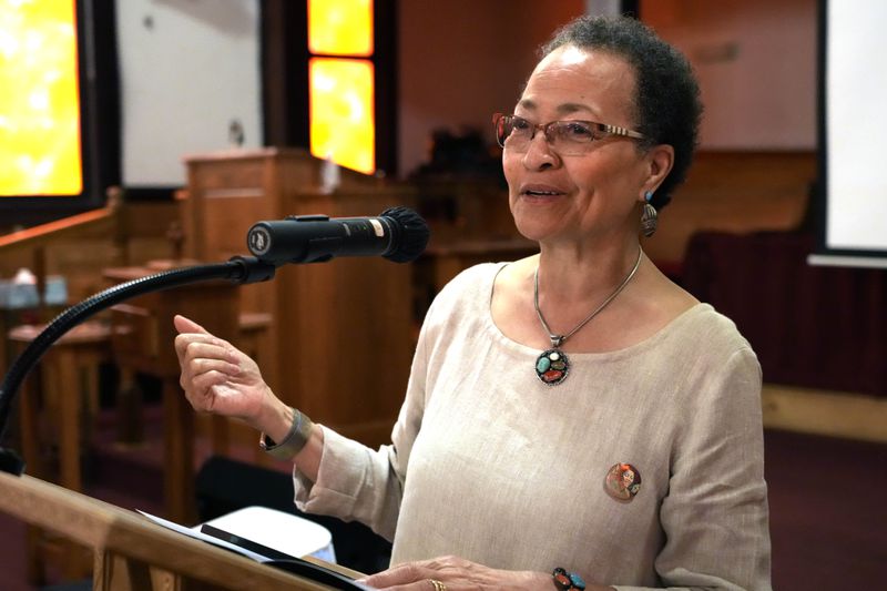 Euvester Simpson speaks June 8, 2024, in Winona, Miss., during the unveiling of a Mississippi Freedom Trail marker commemorating the brutality faced by her and other civil rights activists who were arrested in June 1963, at a bus station in Winona, as they returned from an out-of-state citizenship training session. (AP Photo/Rogelio V. Solis)