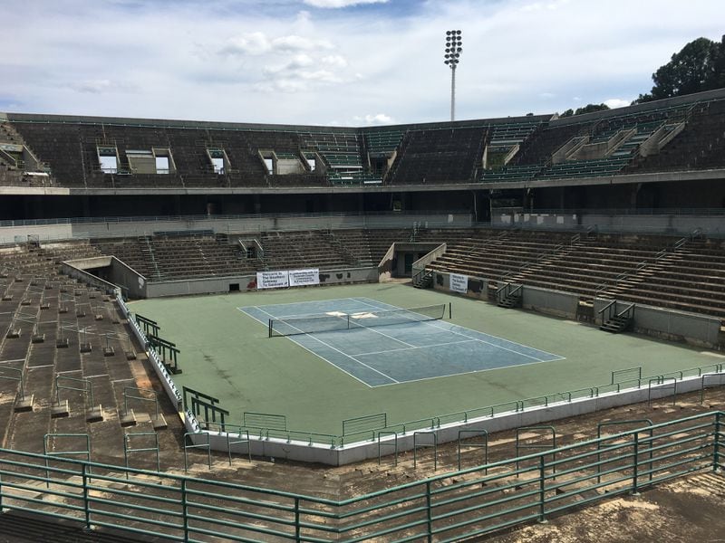 Gwinnett officials held a ceremony and celebration Tuesday afternoon at the Stone Mountain Tennis Center, which hosted tennis events during Atlanta’s 1996 Olympics. The venue will be torn down and redeveloped. TYLER ESTEP / TYLER.ESTEP@AJC.COM