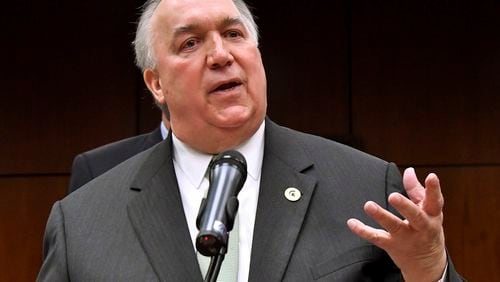 FILE - Former Gov. John Engler runs a news conference, Jan. 31, 2018, in East Lansing, Mich. (Dale G.Young/Detroit News via AP, File)