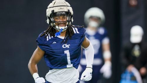 Georgia Tech defensive back LaMiles Brooks (1) reacts during their first day of spring football practice at the Brock Indoor Practice Facility, Monday, March 11, 2024, in Atlanta. (Jason Getz / jason.getz@ajc.com)