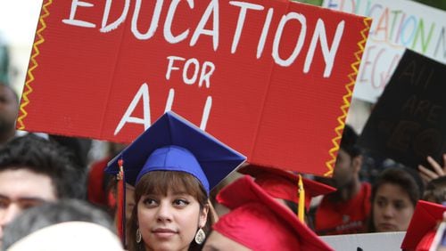 Dozens of DREAMers, most of them Deferred Action beneficiaries and together with members of Georgia Undocumented Youth Alliance (GUYA) rallied in April 2014 at the University of Georgia in Athens. They tried to convince UGA president Jere Morehead to intercede for them and act against state policies denying them enrollment in the university. (Miguel Martinez, MUNDO HISPANICO)