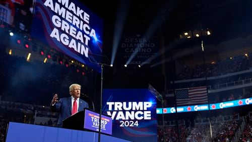 Republican presidential nominee former President Donald Trump speaks at a campaign rally at the Desert Diamond Arena, Friday, Aug. 23, 2024, in Glendale, Ariz. (AP Photo/Evan Vucci)