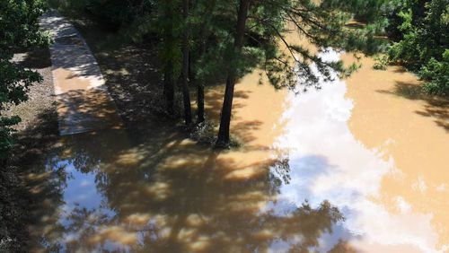 The area around one of the paved trails at Amerson River Park sits flooded after the effects of Hurricane Helene on Monday, Sept. 30, 2024, in Macon, Georgia. The park is closed until further notice as many of its trails have flooded from the increased rainfall of Hurricane Helene last week. (Photo Courtesy of Katie Tucker/The Telegraph)