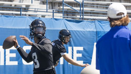 Darren Grainger throws the ball downfield during media day practice at Center Parc Stadium on Tuesday, August 1, 2023 in Atlanta. (Michael Blackshire/Michael.blackshire@ajc.com)