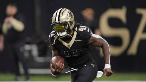 New Orleans Saints running back Alvin Kamara (41) before an NFL football game in New Orleans, Sunday, Sept. 22, 2024. The Eagles won 15-12. (AP Photo/Gerald Herbert)