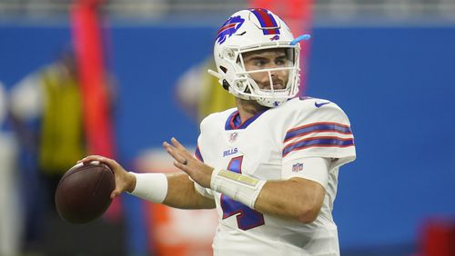 Buffalo Bills quarterback Jake Fromm throws during warmups before the first half of a preseason NFL football game, Friday, Aug. 13, 2021, in Detroit. (AP Photo/Paul Sancya)