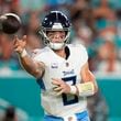 Tennessee Titans quarterback Will Levis (8) aims a pass during the first half of an NFL football game against the Miami Dolphins, Monday, Sept. 30, 2024, in Miami Gardens, Fla. (AP Photo/Rebecca Blackwell)