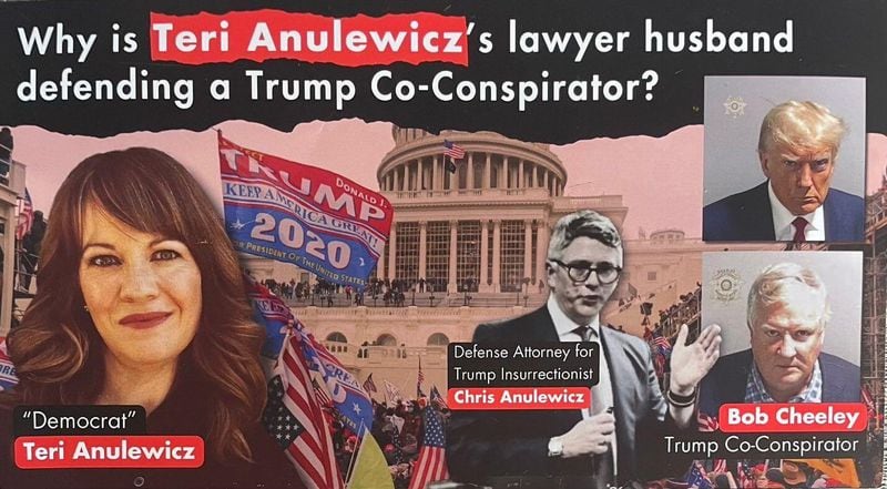 A flyer in the race between Democrats Gabriel Sanchez and state Rep. Teri Anulewicz attacked her husband's representation of a defendant in the election interference case against Republican Donald Trump.