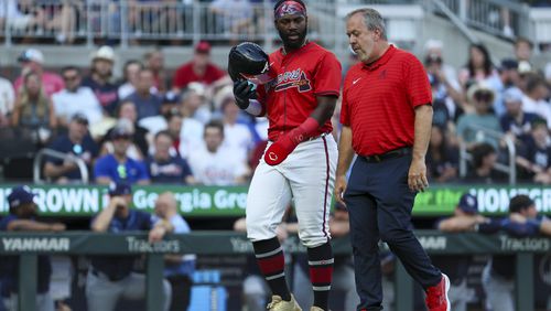 Atlanta Braves center fielder Michael Harris II (23) comes out of the game after advancing to third base during the first inning against the Tampa Bay Rays at Truist Park, Friday, June 14, 2024, in Atlanta. Harris did not return to the game. (Jason Getz / AJC)
