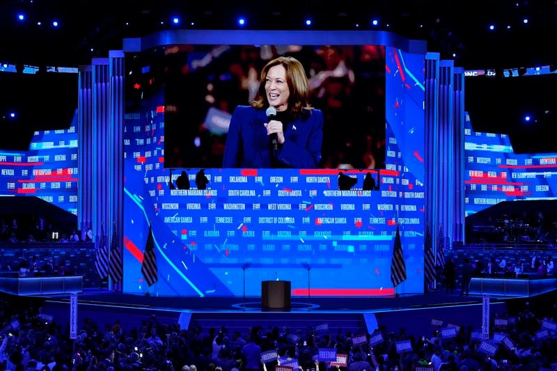 Democratic presidential nominee Vice President Kamala Harris is seen on a video monitor after the roll call during the Democratic National Convention Tuesday, Aug. 20, 2024, in Chicago. (AP Photo/J. Scott Applewhite)