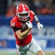 Georgia wide receiver London Humphreys (16) runs for a touchdown reception during the second half against Clemson at Mercedes-Benz Stadium, on Saturday, Aug. 31, 2024, in Atlanta. Georgia won 34-3. (Jason Getz / AJC)