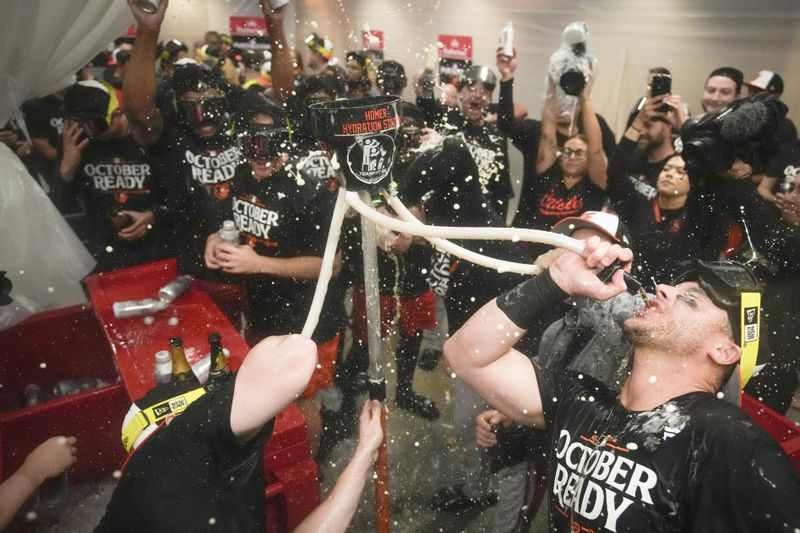 Baltimore Orioles' players celebrate after clinching a playoff birth by defeating the New York Yankees in baseball game, Tuesday, Sept. 24, 2024, in New York. (AP Photo/Bryan Woolston)