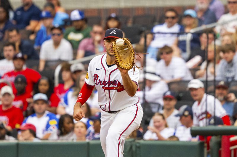 Atlanta Braves first baseman Matt Olson catches a throw before Kansas City Royals' Bobby Witt Jr. can reach first base in the fifth inning of a baseball game, Sunday, Sept. 29, 2024, in Atlanta. (AP Photo/Jason Allen)