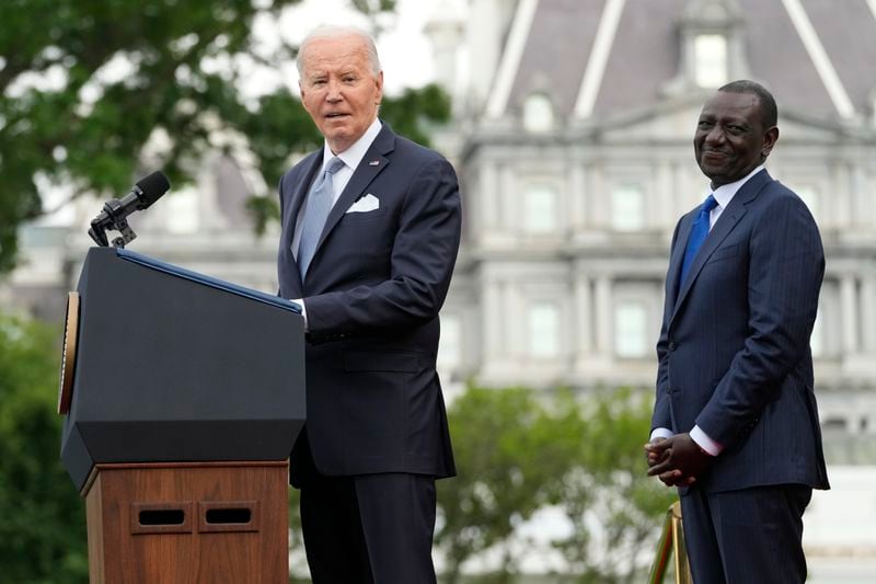 President Joe Biden speaks Kenya's President William Ruto listens during a State Arrival Ceremony Thursday, May 23, 2024, on the South Lawn of the White House in Washington. (AP Photo/Jacquelyn Martin)