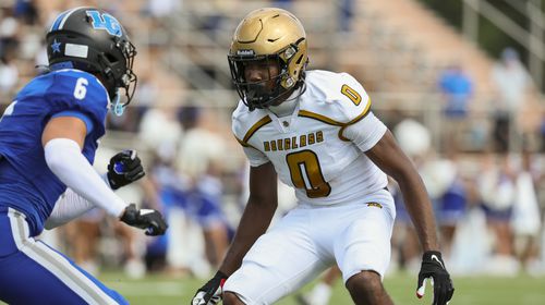 Douglass defensive back Jontae Gilbert (0) defends LaGrange wide receiver Gryson Cockrell (6) in the Corky Kell Dave Hunter Classic at Kell High School, Wednesday, August 14, 2024, in Marietta, Ga. Douglass won 18-3. Jontae Gilbert is a 2025 Georgia football verbal commit. (Jason Getz / AJC)
