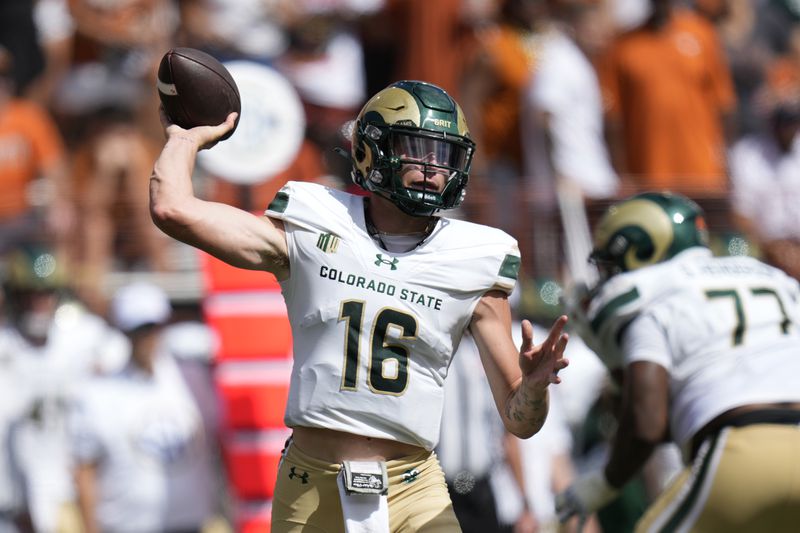 Colorado State quarterback Brayden Fowler-Nicolosi (16) throws against Texas during the first half of an NCAA college football game in Austin, Texas, Saturday, Aug. 31, 2024. (AP Photo/Eric Gay)