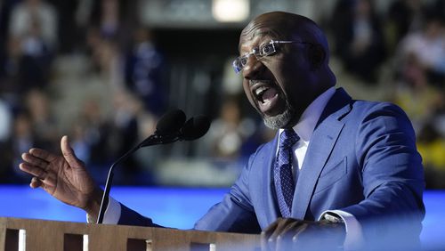 U.S. Sen. Raphael Warnock excited Democrats with his speech on the first night of the party's convention in Chicago, focusing on the Jan. 6, 2021, attack on the U.S. Capitol, voting rights and the Israel-Hamas war. (AP Photo/Stephanie Scarbrough)