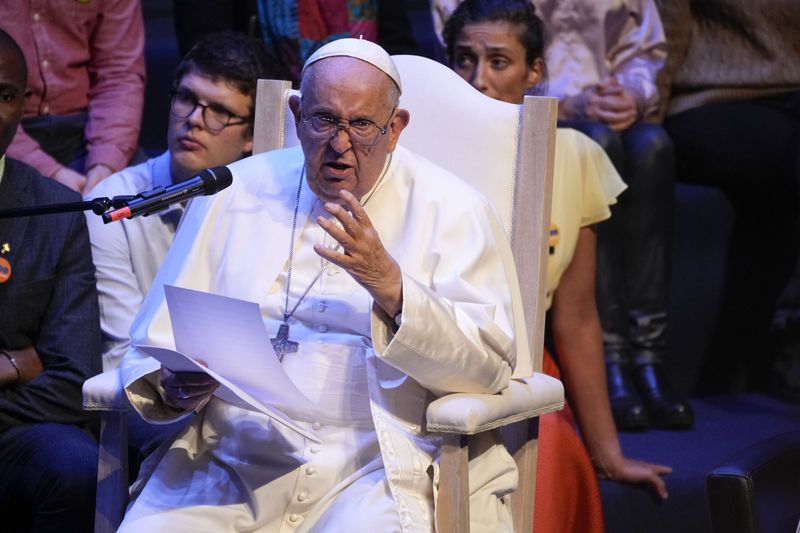 Pope Francis delivers his message as he meets with students of the Louvain Catholic University in Ottignies-Louvain-la-Neuve, Belgium, Saturday, Sept. 28, 2024. (AP Photo/Andrew Medichini)