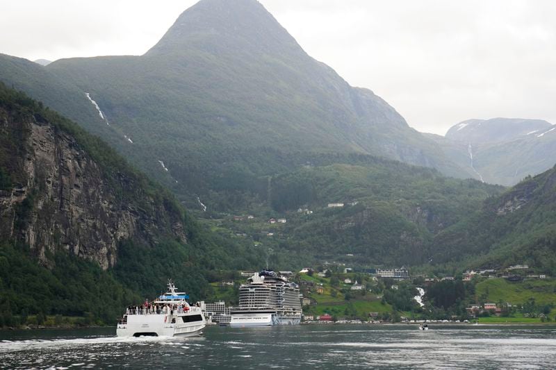 One of the boats transports guests from Alesund to wedding celebrations in Geiranger, Norway, Friday, Aug. 30, 2024, before the wedding ceremony of Princess Märtha Louise and Derek Verrett on Saturday. (Heiko Junge/NTB Scanpix via AP)