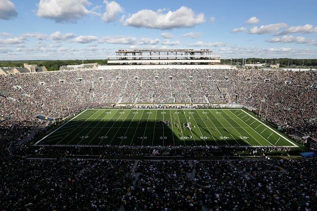 They general overview of field at Notre Dame Stadium is shown during the second half of an NCAA college football game between Notre Dame and Georgia Tech in South Bend, Ind., Saturday, Sept. 19, 2015. Notre Dame defeated Georgia Tech 30-22. (AP Photo/Michael Conroy)