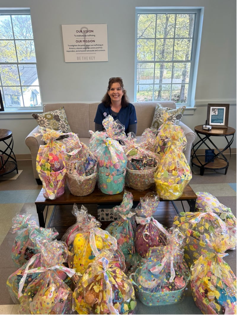 Jennifer Fisher  leads a team of staff members who work in Wellstar Kennestone Regional Medical Center's Emergency Department and perform small acts of kindness throughout the year. Here, she shows a collection of Easter baskets heading to the organization Receiving Hope this year. Courtesy of Wellstar Kennestone Regional Medical Center