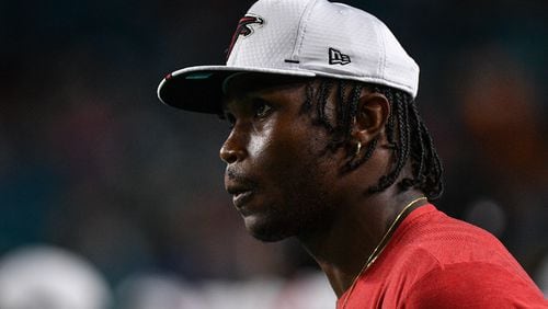 Julio Jones #11 of the Atlanta Falcons on the sideline in the first quarter during a preseason game against the Miami Dolphins at Hard Rock Stadium on August 8, 2019 in Miami, Florida. (Photo by Mark Brown/Getty Images)