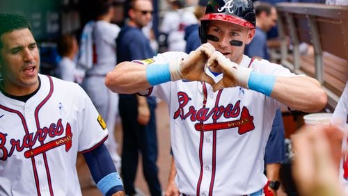 Atlanta Braves outfielder Jarred Kelenic (24) reacts at the dugout after hitting a solo home run during the first inning against the Tampa Bay Rays at Truist Park on Sunday, June 16, 2024, in Atlanta. 
(Miguel Martinez/ AJC)