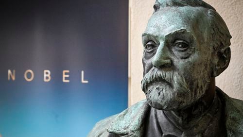 FILE - A bust of Alfred Nobel on display following a press conference at the Karolinska Institute in Stockholm, Sweden, on Monday, Oct. 3, 2022. (Henrik Montgomery/TT News Agency via AP, File)