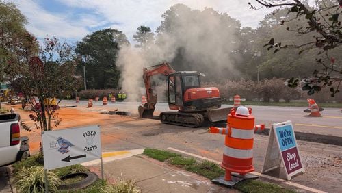 A gas line ruptured at a road construction site near downtown Avondale Estates.