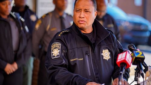 Fulton county sheriff Labat gives an update to the media regarding the shooting death of a Fulton county deputy sheriff.  Thursday, December 29th 2022 (Ben Hendren for the Atlanta Journal-Constitution)