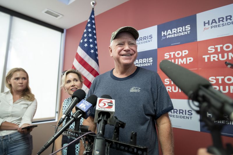 Minnesota Gov. Tim Walz is shown at a July campaign event in St. Paul, Minn., for Vice President Kamala Harris.