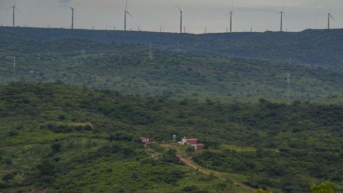 Wind turbines are visible in the distance of Sumidouro, Piaui state, Brazil, Wednesday, March 13, 2024. Wind energy is booming in Brazil's Northeast, but some projects are drawing criticism as it becomes clear that certain communities have benefited while others have not. (AP Photo/Andre Penner)